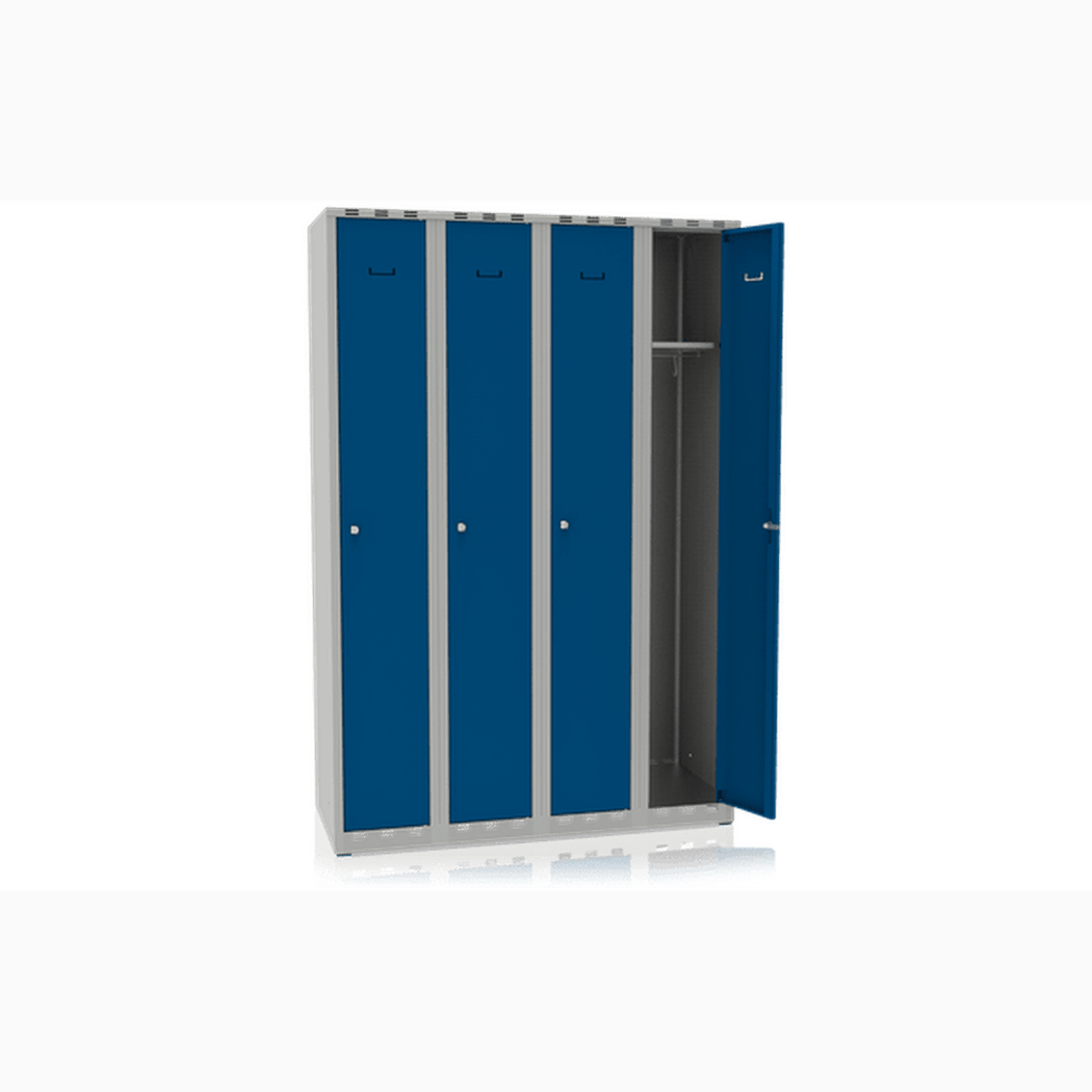 Klädskåp 4 Dörrar Bredd 1200 mm Blå i helsvetsad stålplåt med lockbar dörr och smart förvaring.