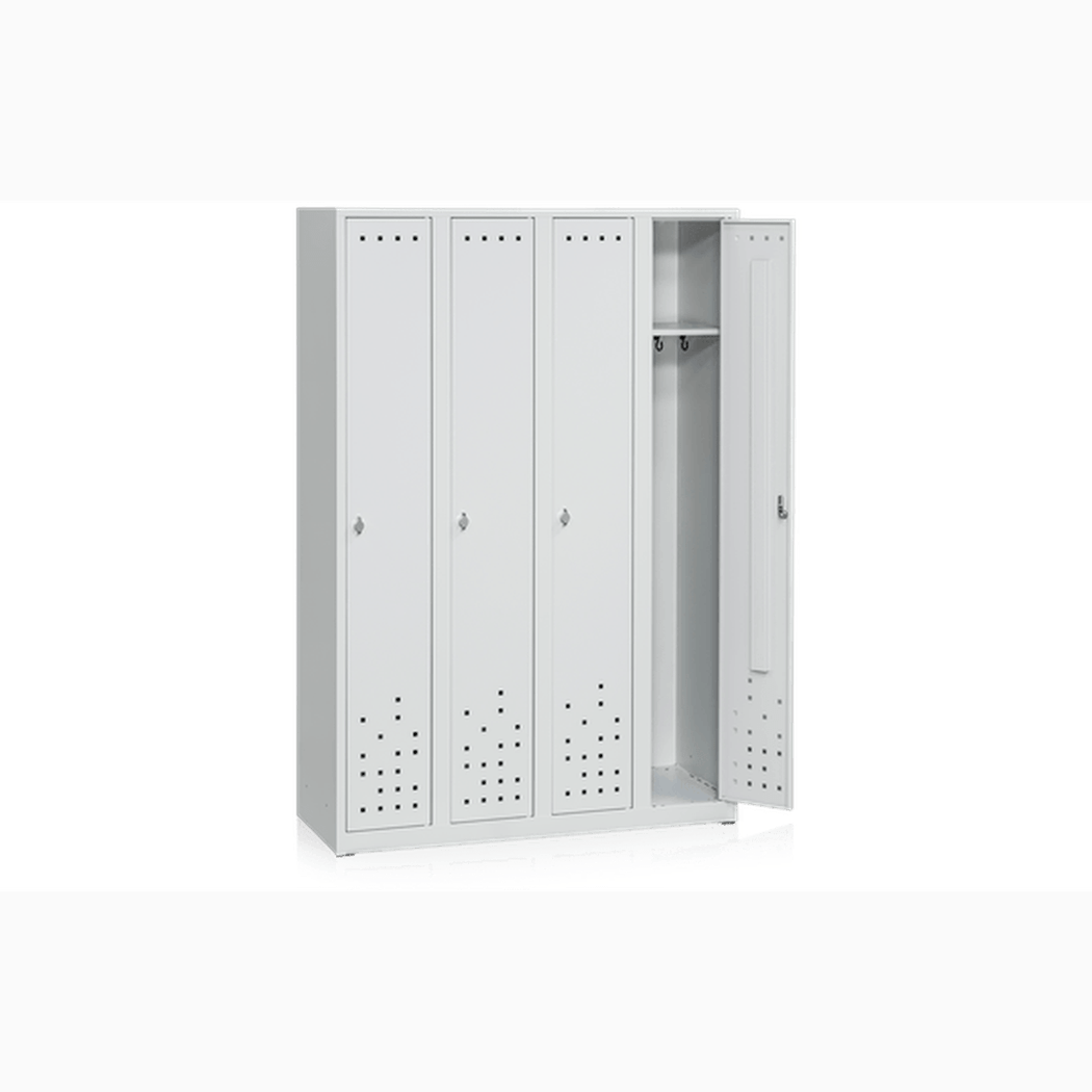 Klädskåp 4 Dörrar Bredd 1200 mm Grå i pulverlackerat stål med ventilation, hatthylla och flyttbara krokar.