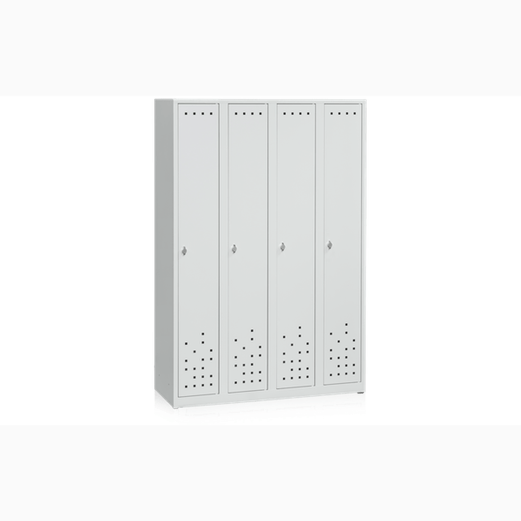 Klädskåp 4 Dörrar Bredd 1200 mm Grå i pulverlackerat stål med ventilation och nyckellås för effektiv förvaring.