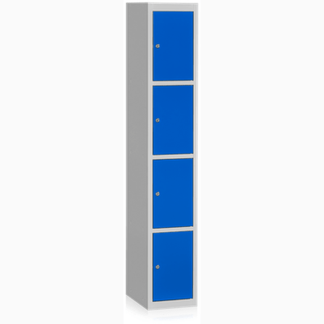 Klädskåp Bassektion 4 Dörrar Blå i robust stål med säker cylinderlås och ventilering för enkel och trygg förvaring.