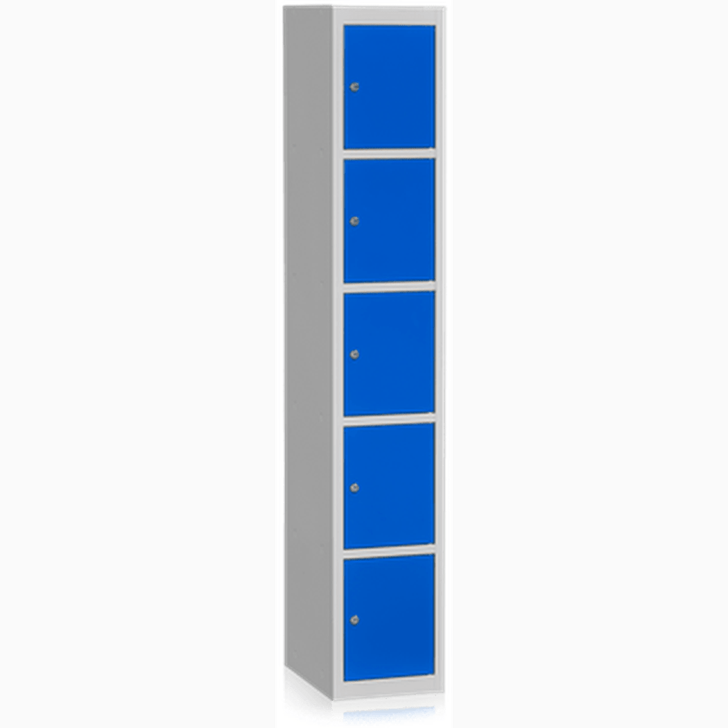 Klädskåp Bassektion 5 Dörrar Blå med hållbar stålplåt, cylinderlås och ventilation för säker och effektiv förvaring.
