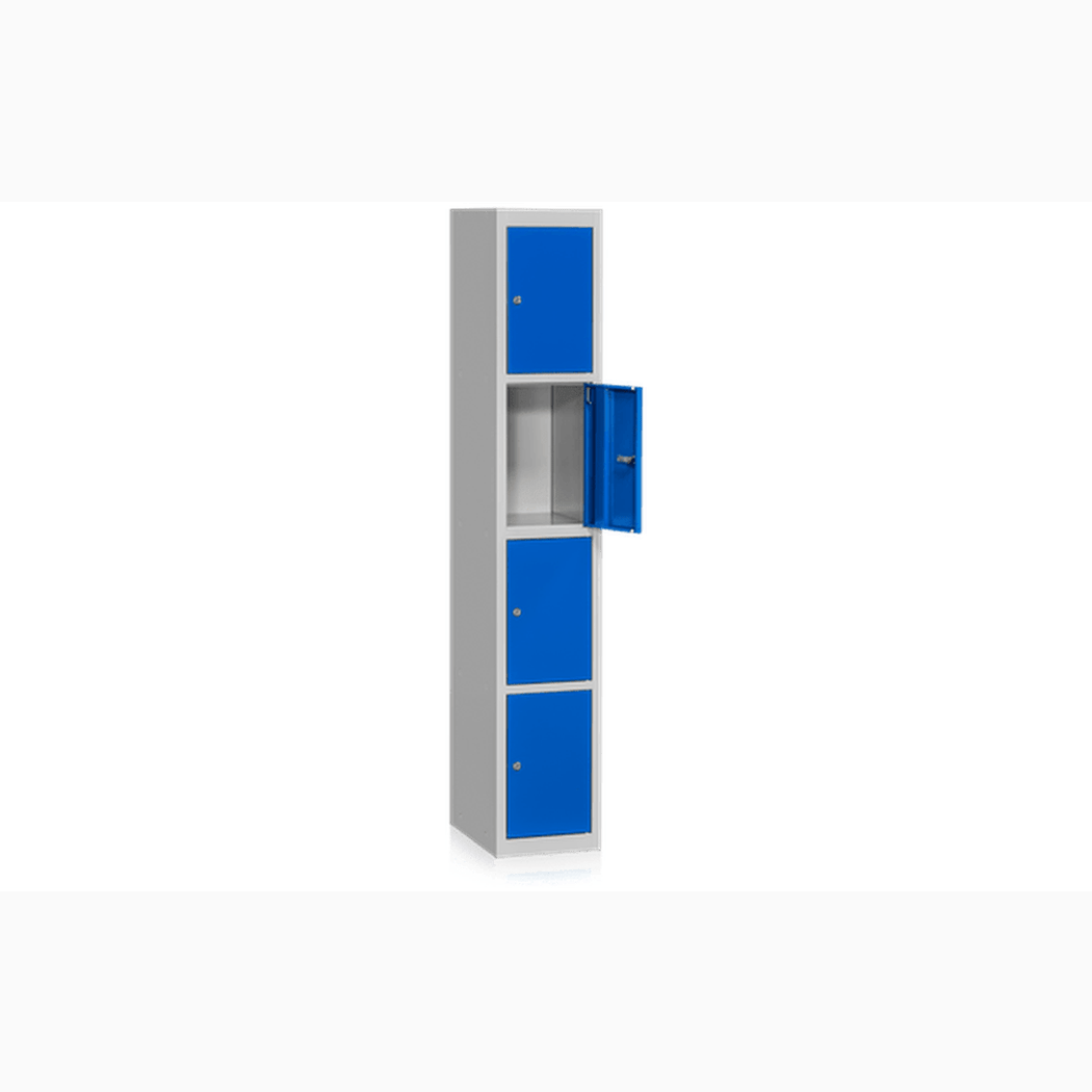 Klädskåp Bassektion 4 Dörrar Blå med stålplåt, cylinderlås, ventilation och stilren design för säker förvaring.