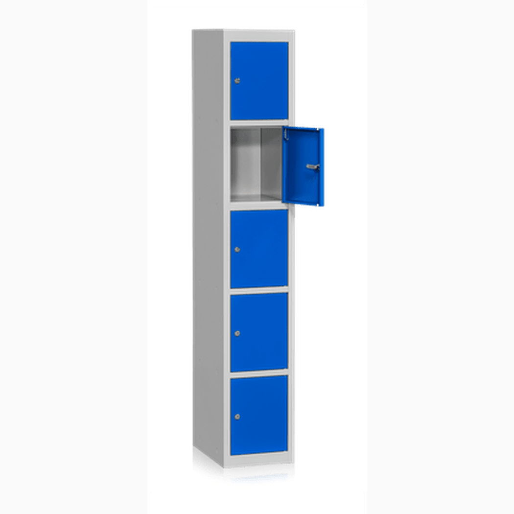Klädskåp Bassektion 5 Dörrar Blå med hållbar stålplåt, cylinderlås och ventilation för säker förvaring.