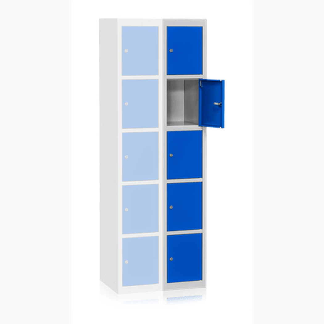 Klädskåp Tilläggssektion 5 Dörrar Blå med robust stål, cylinderlås och ventilationsöppningar för effektiv förvaring.