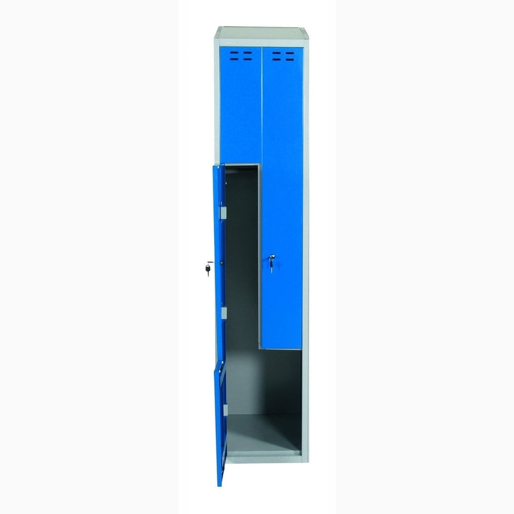 Klädskåp Z-modell, 2 dörrar, 1920x400x550mm med cylinderlås, ventilationsgaller och sluttande tak för säker förvaring.