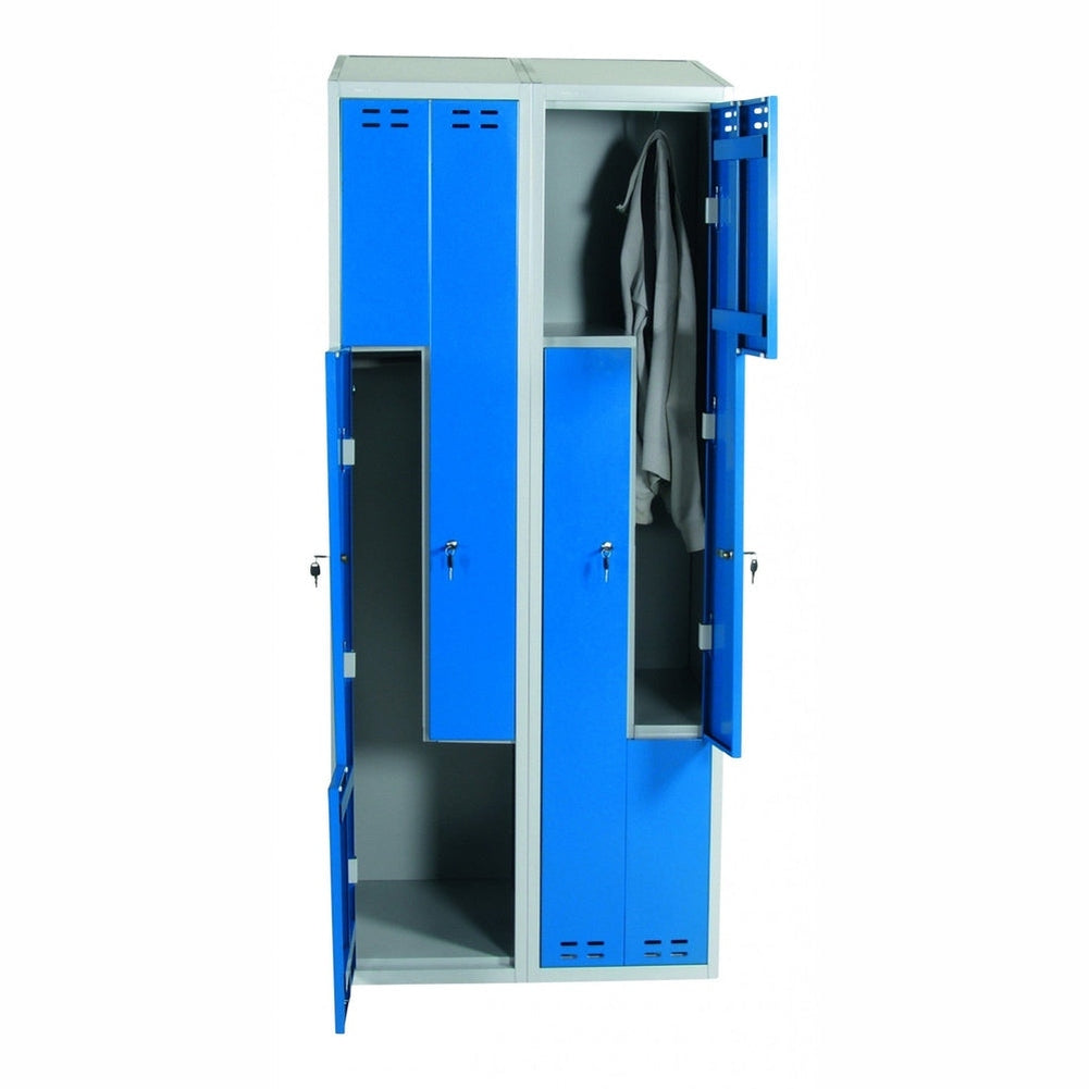 Klädskåp Z-modell, 4 dörrar, 1920x800x550mm, blå förvaringsskåp med cylinderlås och ventilationsgaller.