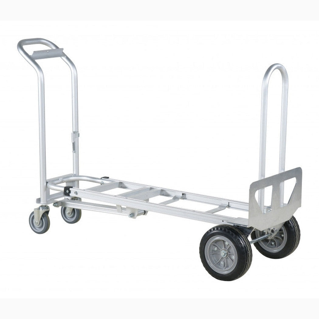 Kombikärra aluminium, 250kg med robust ram, justerbar lastplatta och fyra hjul för enkel transport av tunga laster.