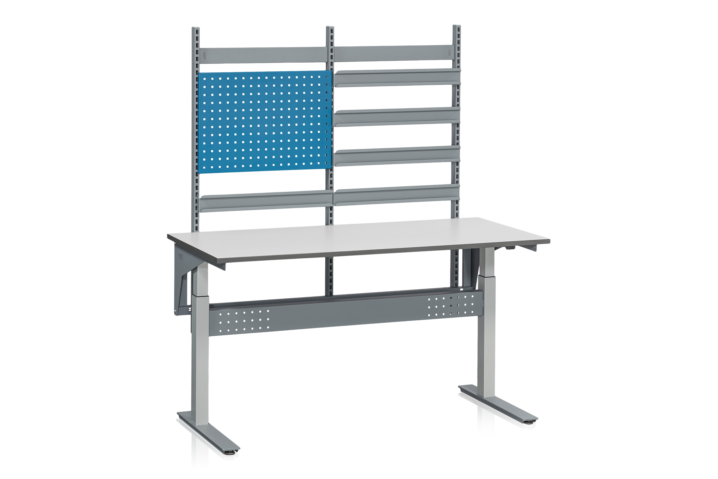 Komplett höj- och sänkbart arbetsbord ADAM, 200 kg, 1600x800mm, verktygstavla och backskenor