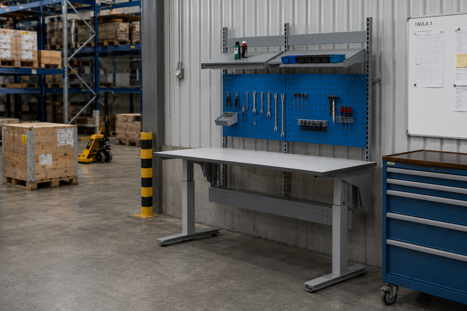 Komplett höj- och sänkbart arbetsbord ADAM, 200 kg, 1600x800mm, verktygstavla och hyllplan