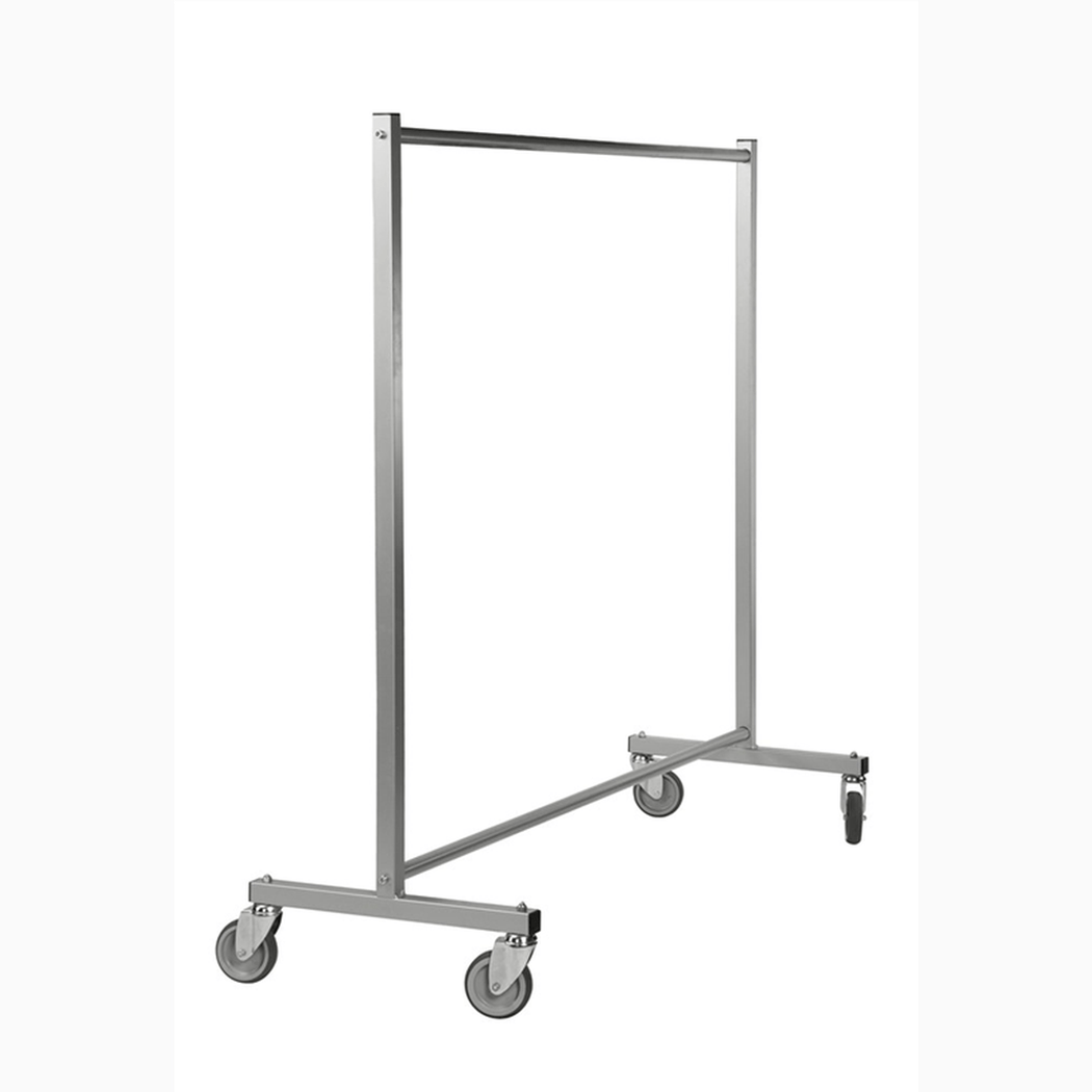 Konfektionsställ, 1700x600x1690mm, 150kg, grå med robust ram och fyra länkhjul för enkel klädförvaring och transport.