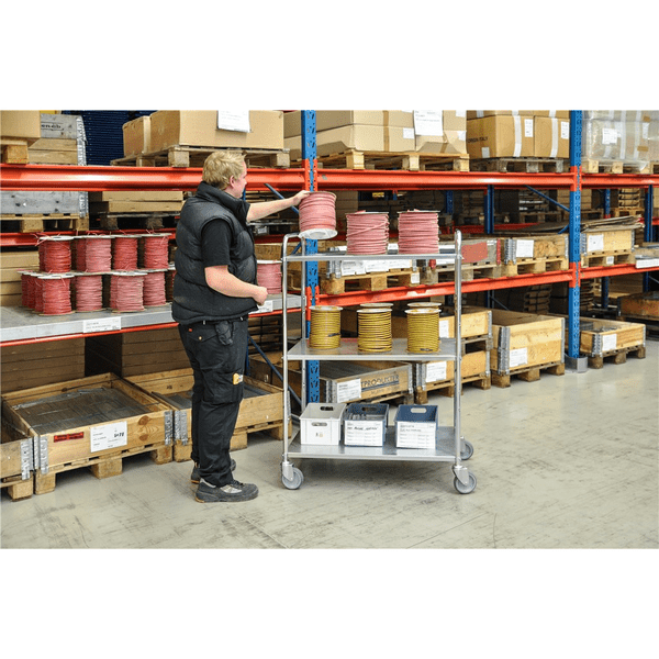 Lätt hyllvagn med 3 hyllplan. inkl broms, 980x585x1445mm, 250kg