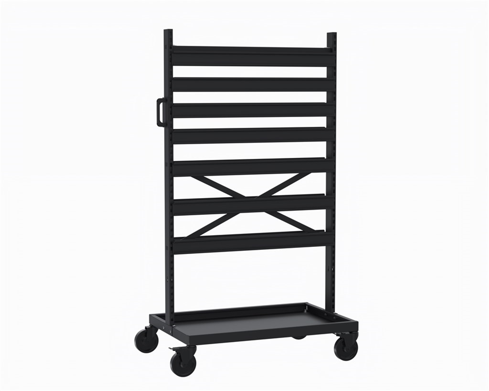Mobilt backställ, 972x613x1667mm, 14 skenor, exkl. plastbackar, mobil förvaringslösning med hjul för industri och lager.