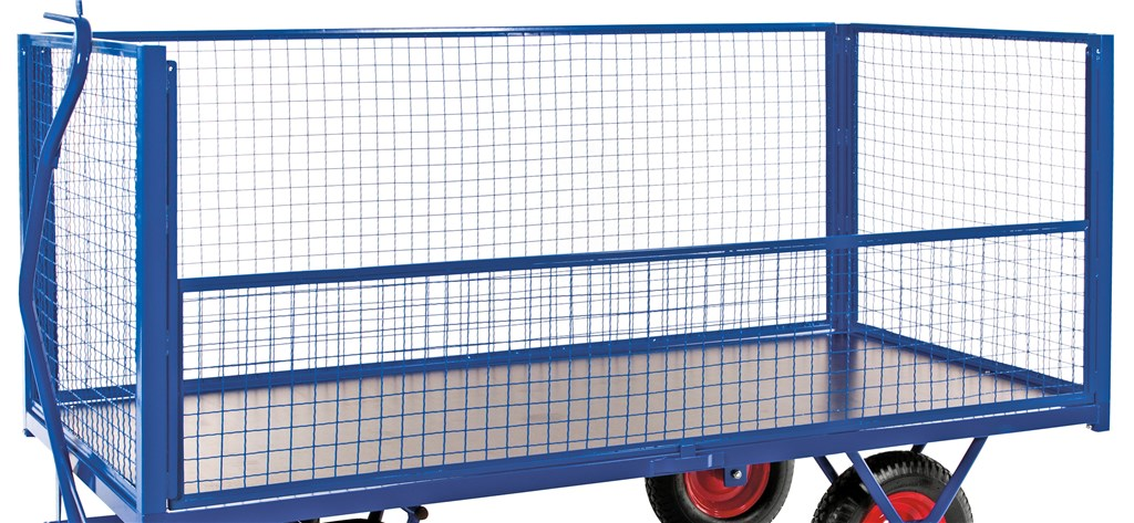 Nätkorg till flakvagn 2000mm med fällbara trälämmar och stålkanter för säker transport och tuff hantering.