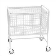 Nätvagn 770x570x430 mm med låsbar nätkorg, pulverlackerad yta och mobila länkhjul för flexibel förvaring och transport.