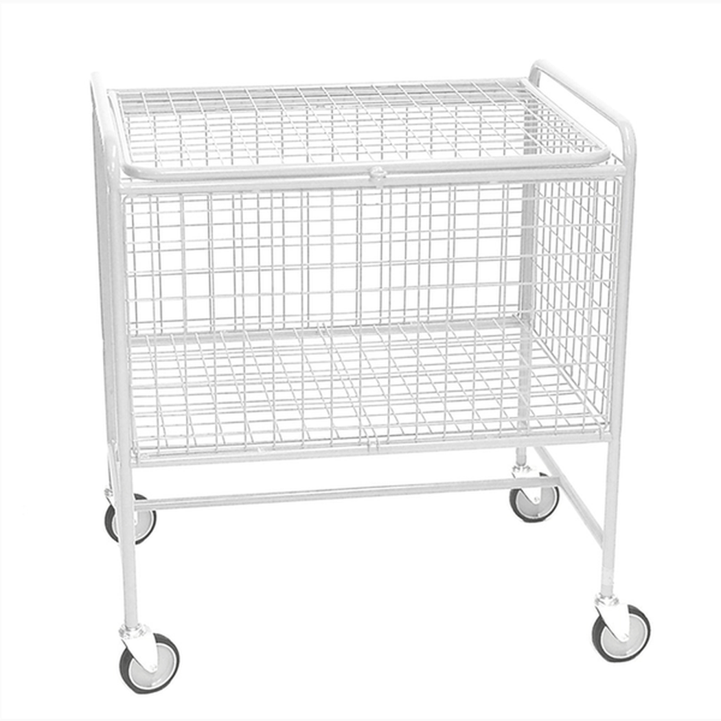 Nätvagn 770x570x430 mm med låsbar nätkorg, pulverlackerad yta och mobila länkhjul för flexibel förvaring och transport.