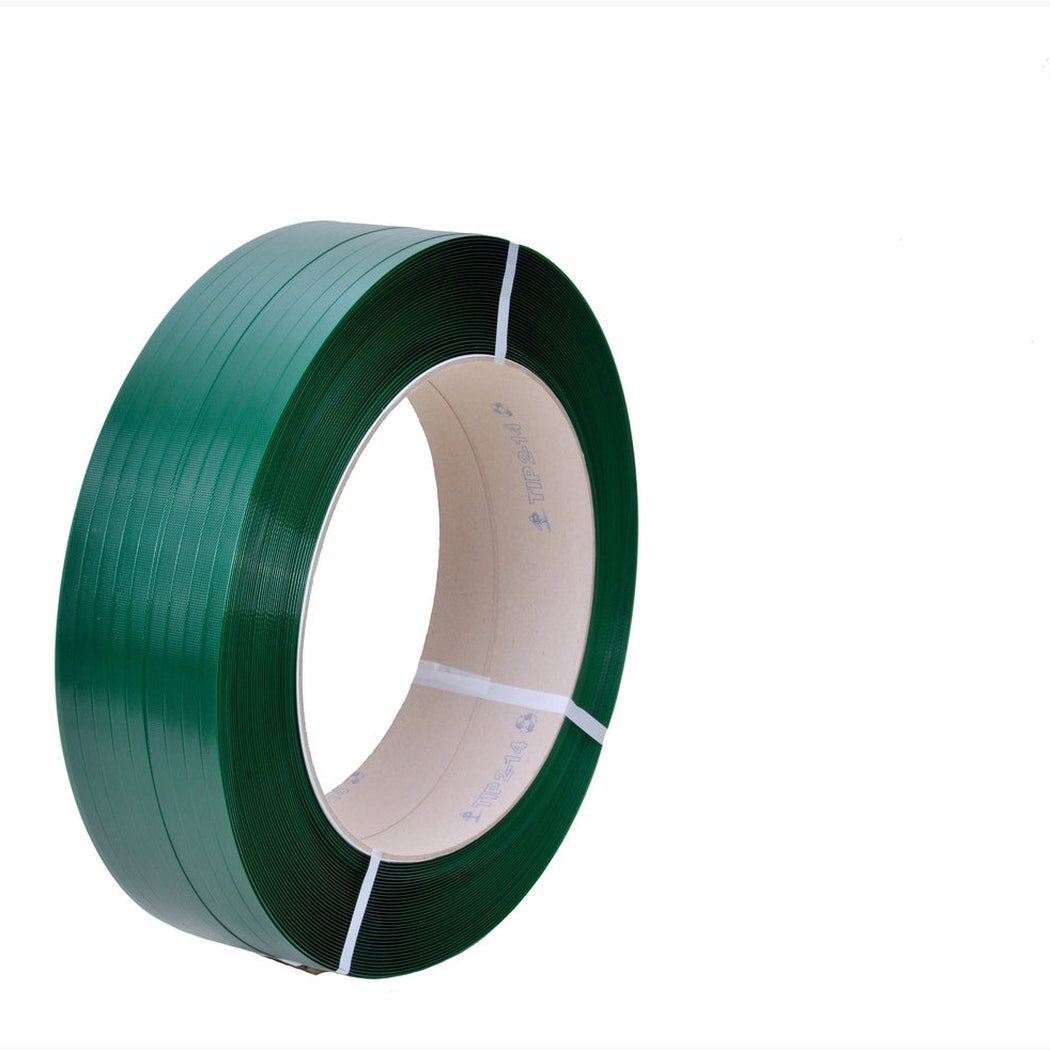 Packband PET-15,5x0,60-150/406-2000m i grön plast för säker och hållbar lastbindning med hög styrka och elasticitet.