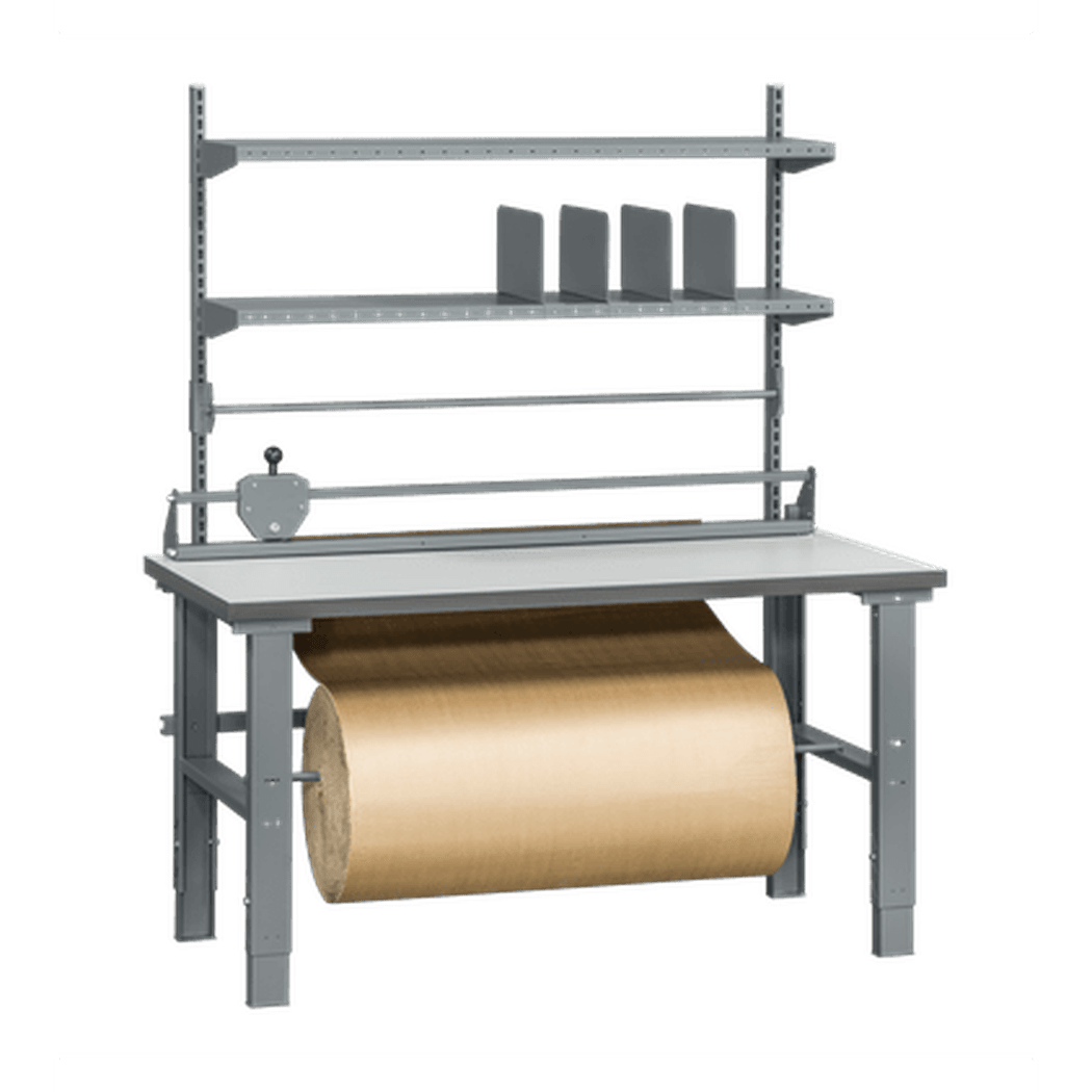 Packbord, komplett, 1600x800mm, laminat med grålackerat stativ, höj- och sänkbara ben och pappershållare.