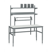 Packbord M 1600x800x24mm Laminat med justerbara ben, hyllplan och pappersavrivare för effektiv arbetsyta.