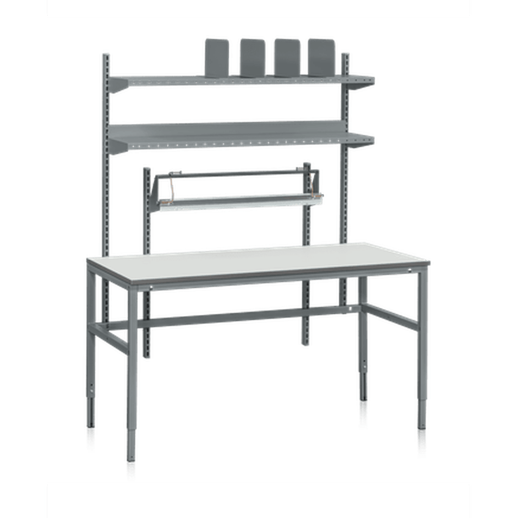 Packbord M 1600x800x24mm Laminat med justerbara ben, hyllplan och pappersavrivare för effektiv arbetsyta.