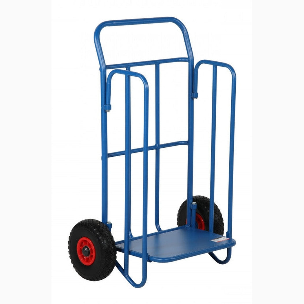 Hopfällbar paketkärra, blå, 470x710x1060 mm med 150 kg lastkapacitet och stabila sidoskydd för effektiv transport.