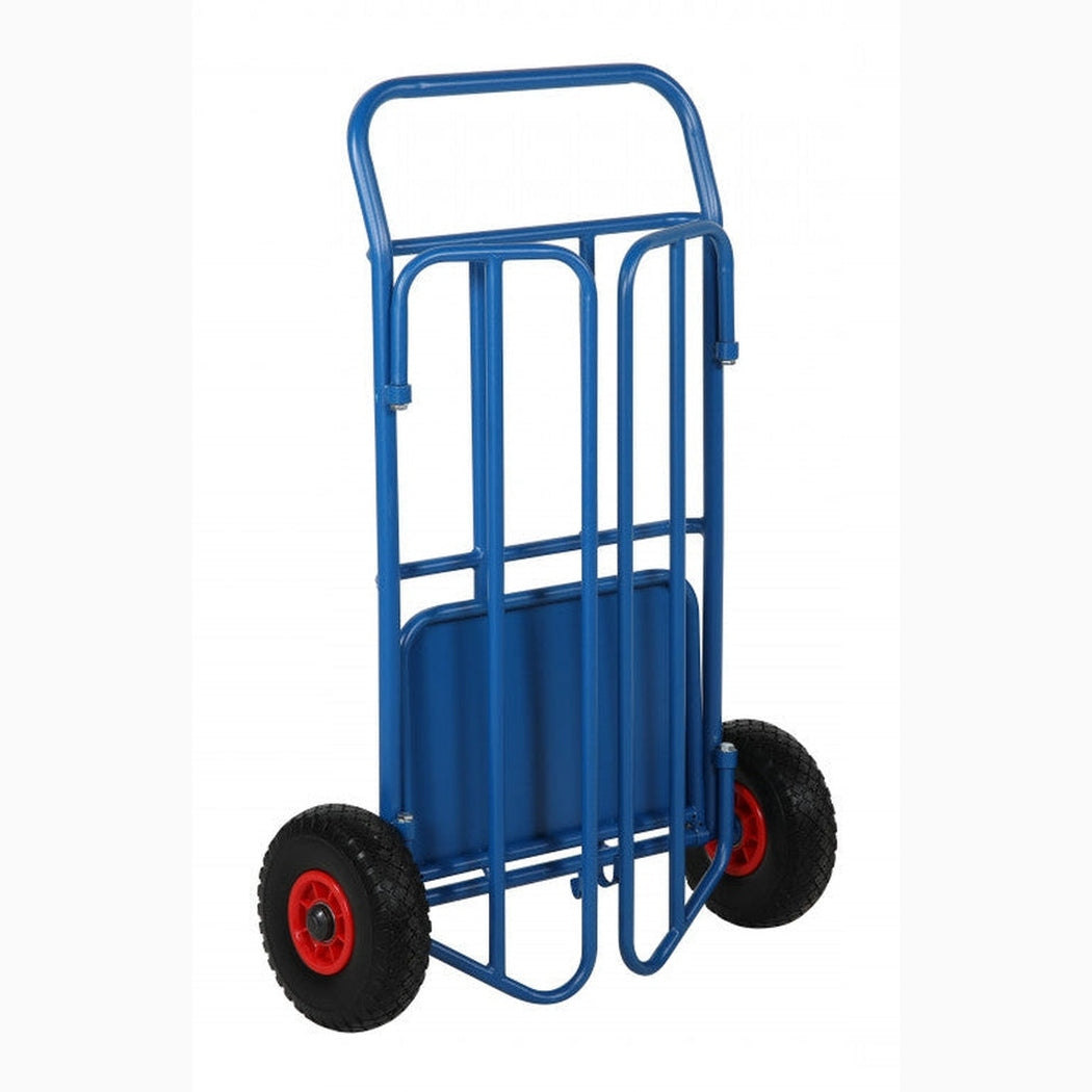 Hopfällbar paketkärra, blå, 470x710x1060 mm, robust med sidoskydd och 150 kg lastkapacitet för effektiv transport.