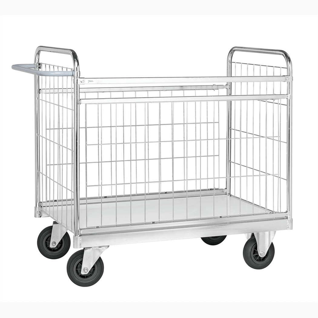Paketvagn, 1390x650x1025mm, 300kg med elförzinkad konstruktion och avtagbara nätsidor för effektiv transport.