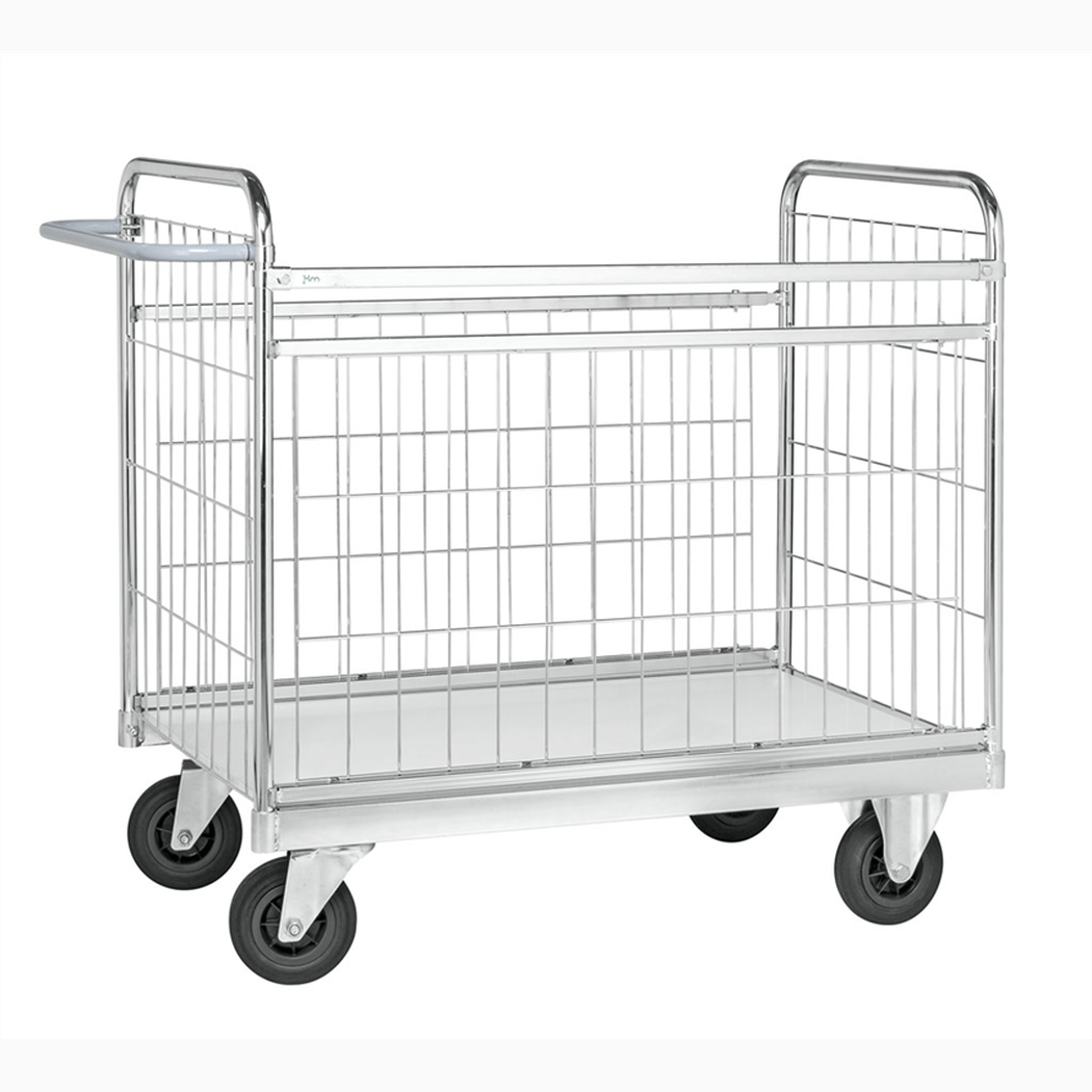 Paketvagn, 1590x650x1025mm, 300kg, inkl. broms med elförzinkad konstruktion och massiva gummihjul.