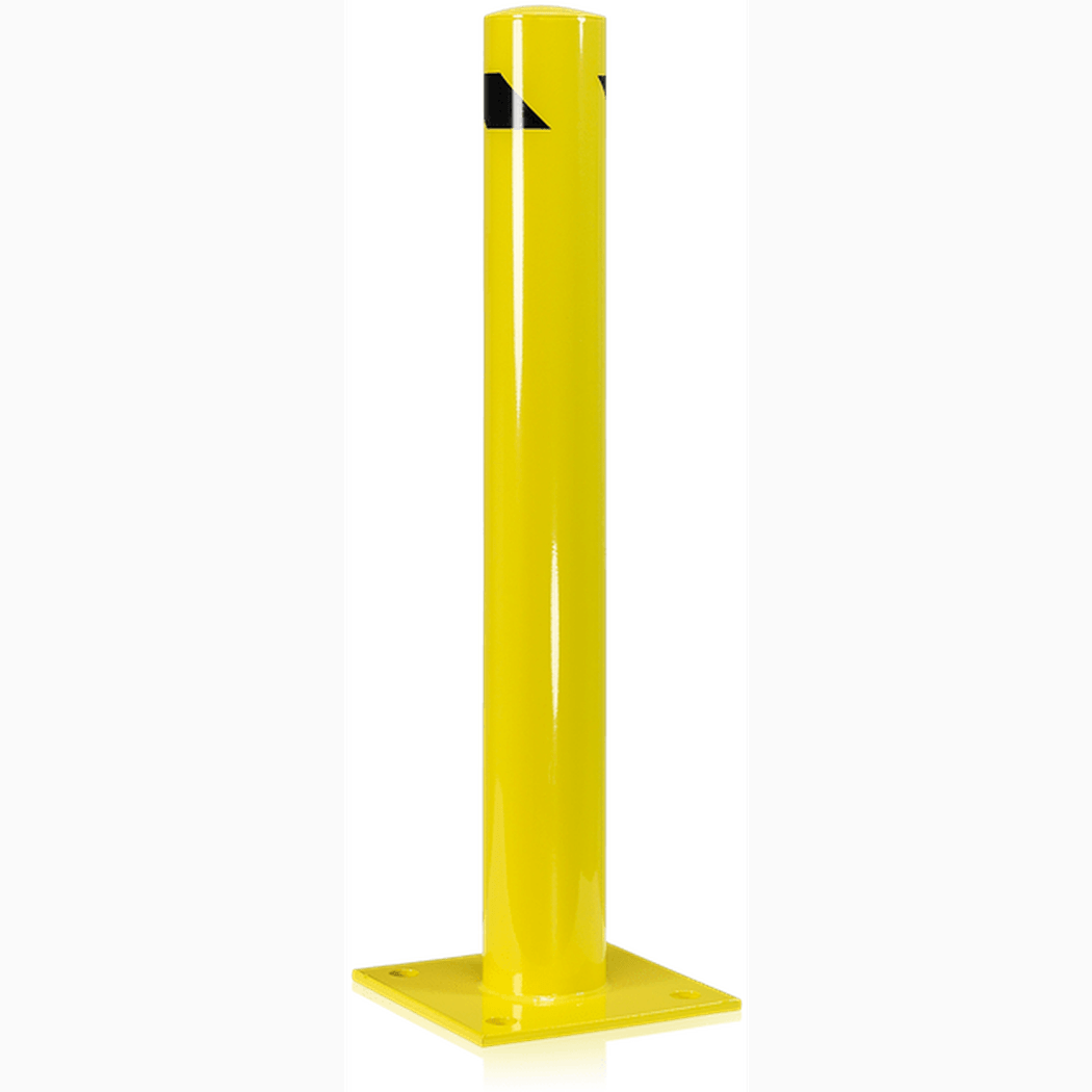 Påkörningsskydd, Pollare, höjd 900mm, gul med kraftig konstruktion och stabil bottenplatta för säkert skydd på arbetsplatser.