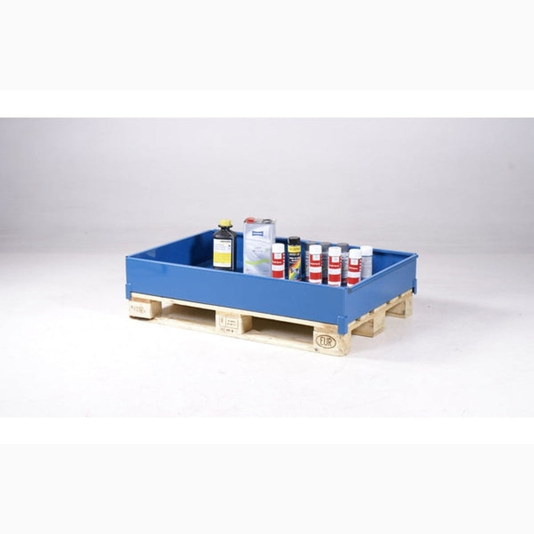 Pallbassäng, 150 liter, 1250x810x205mm blå pallbassäng för säker kemikalielagring på EUR-pall.