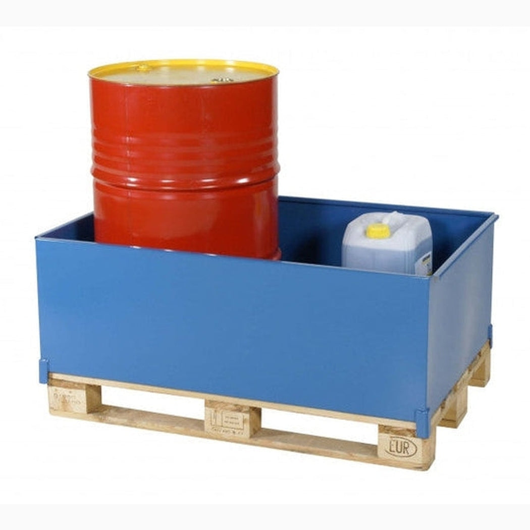 Pallbassäng, 400 liter, 1250x810x445mm för säker kemikalielagring på EUR-pall med robust konstruktion.