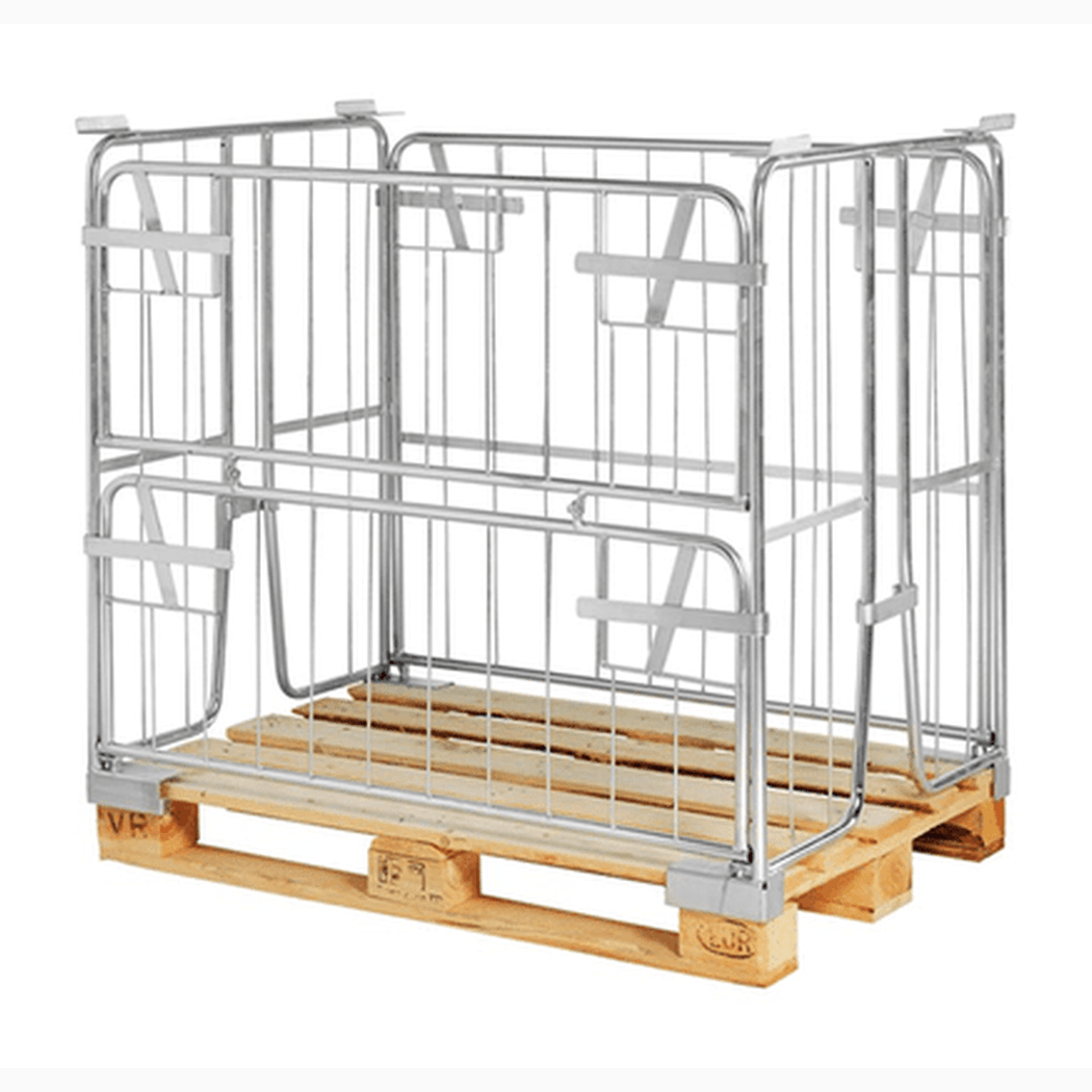 Pallcontainer, 1200x800x1000mm, elförzinkad med flexibel fällbar långsida för enkel lastning och rostskyddad yta.