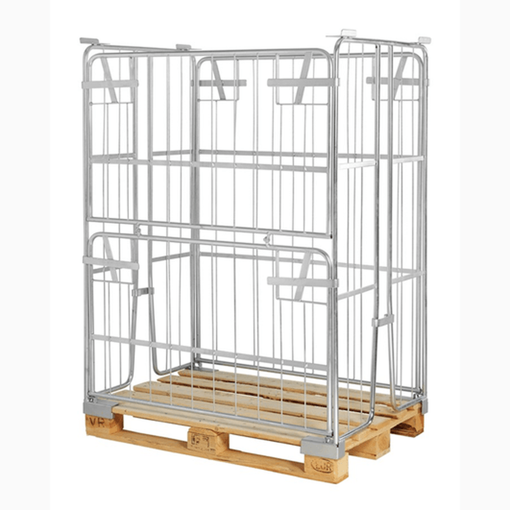 Pallcontainer, 1200x800x1500mm, elförzinkad med fällbar långsida för enkel lastning och rostskyddad yta.