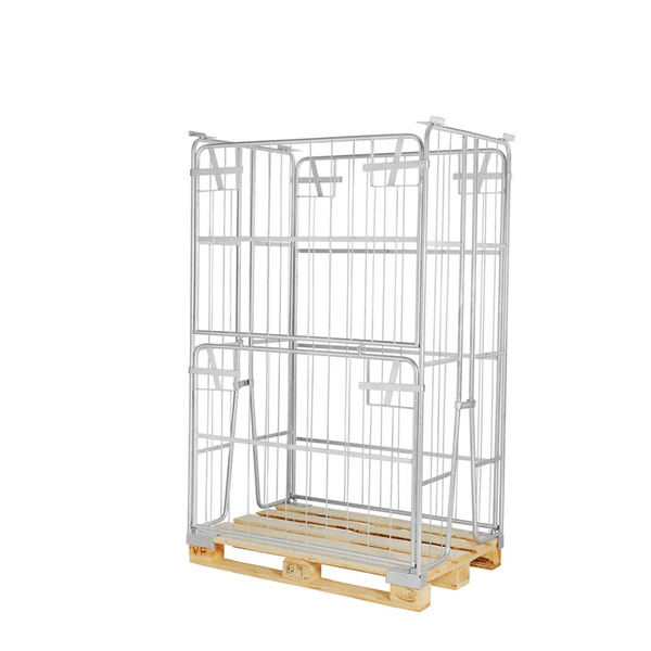 Pallcontainer, 1200x800x1800mm, elförzinkad med vikbar långsida för effektiv och flexibel lagring på EUR pall.