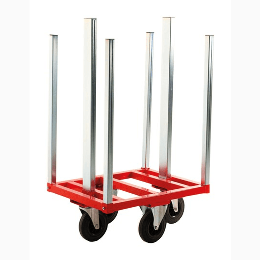 Pallkragsvagn, 800x600x1215mm, 300kg, röd med robust stomme och stöttor för effektiv transport av pallkragar.