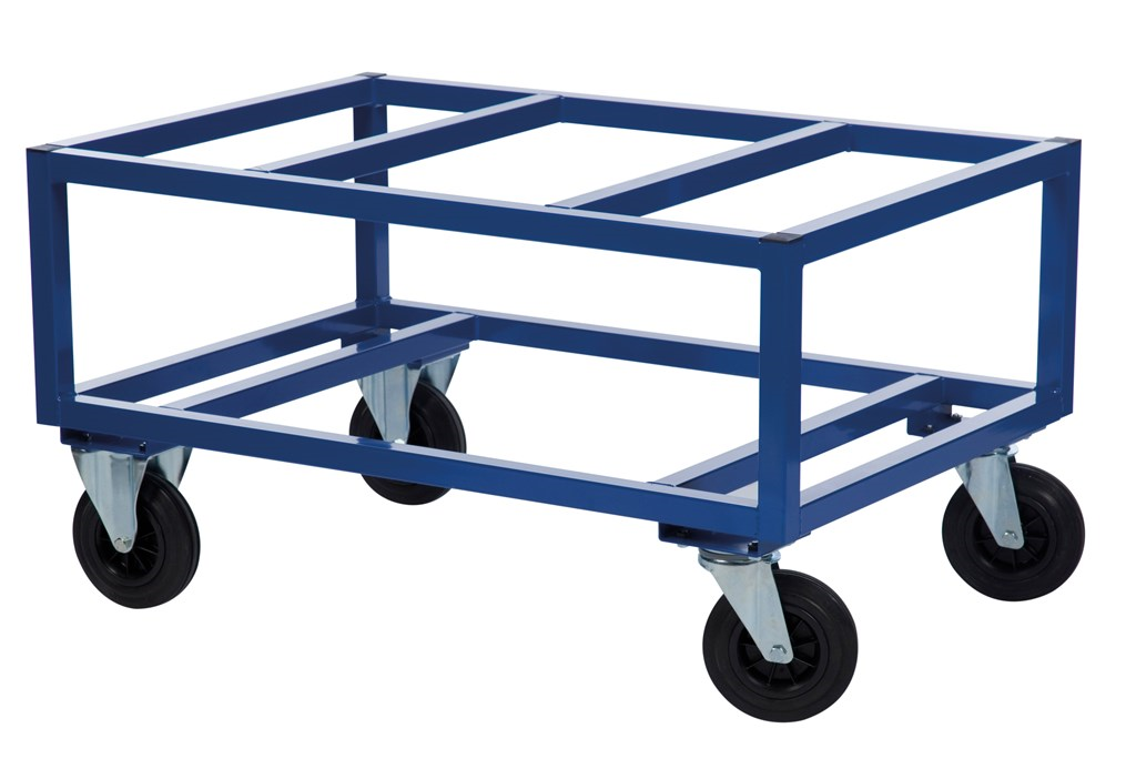 Pallvagn, 1200x800x650mm, 800kg, blå med robust pulverlackerad stålram och länkhjul för effektiv palltransport.