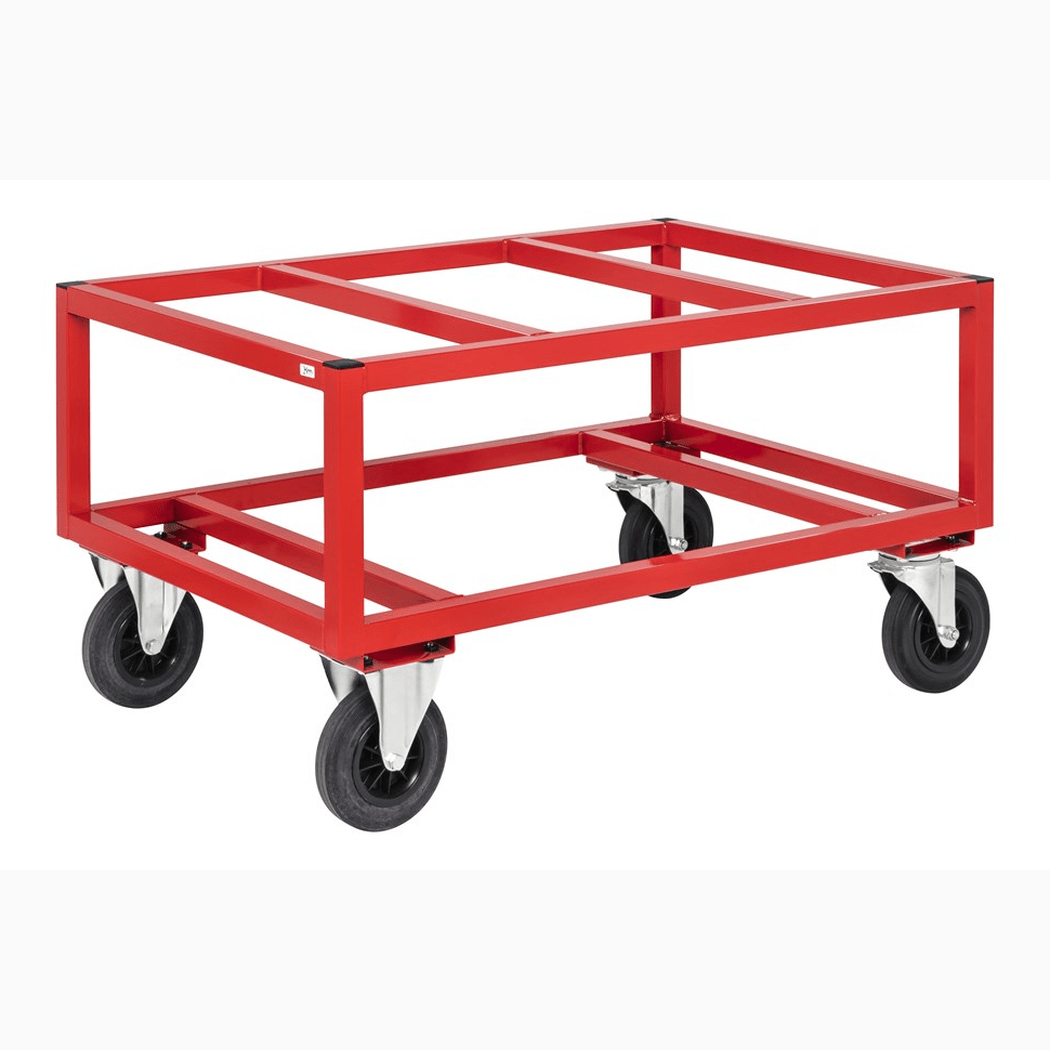 Pallvagn, 1200x800x650mm, 800kg, röd med robust pulverlackerad stålkonstruktion och länkhjul för enkel transport.