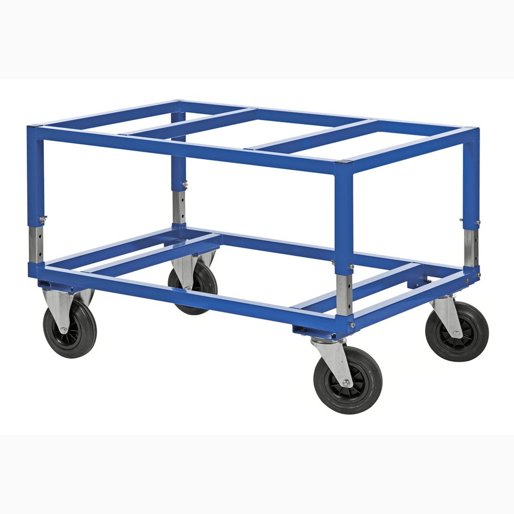 Pallvagn, justerbar höjd, 1200x800x655-835mm, 800kg, blå med robust stålram och länkhjul för effektiv palltransport.
