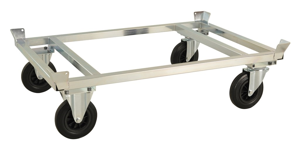 Pallvagn med pallstyrning, 1246x846x355mm, 800kg, elförzinkad ram med svängbara hjul för effektiv palltransport.