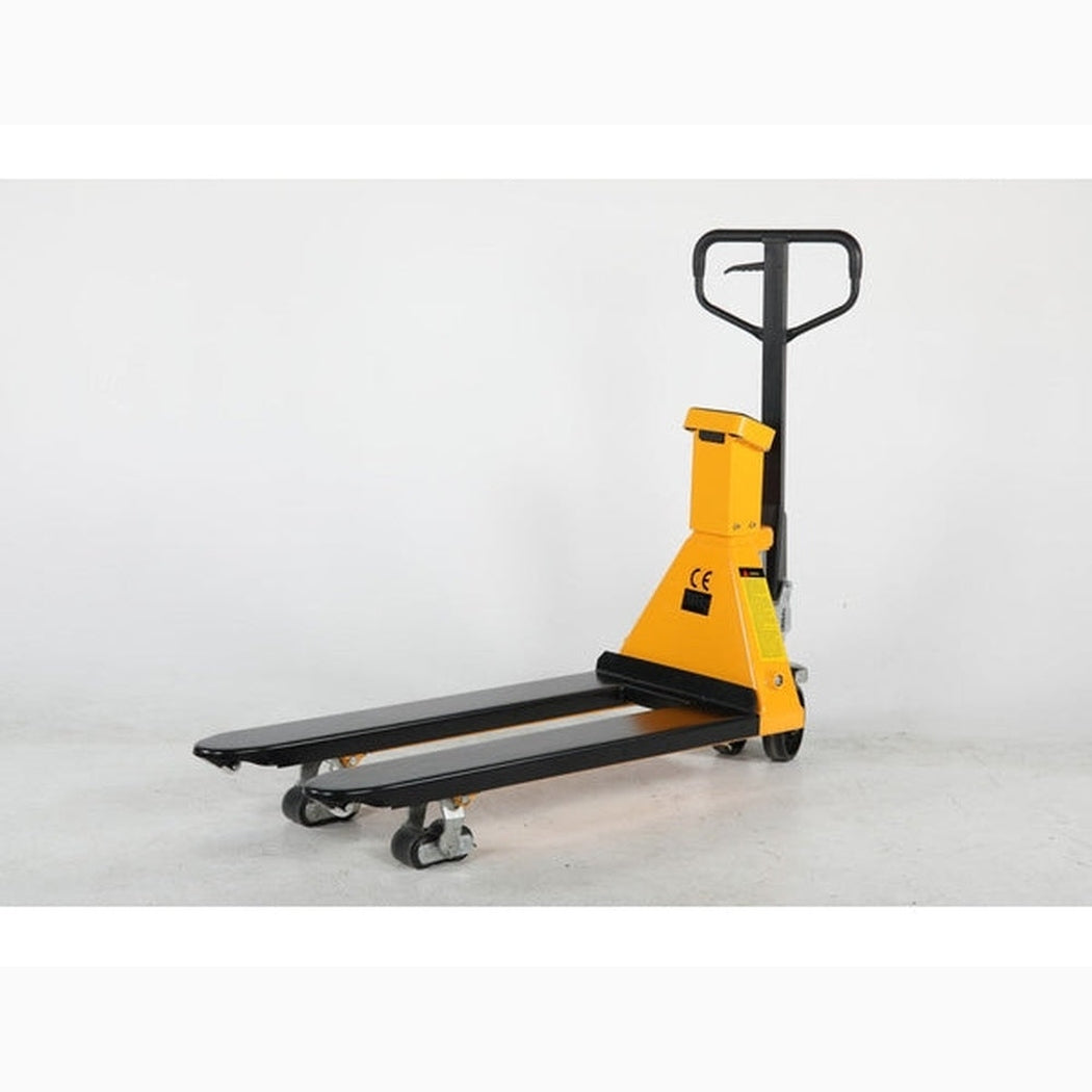 Pallyftare med våg, 2000kg, 542x1150mm med laddningsbart batteri och inkluderad laddare för effektiv och noggrann viktmätning.