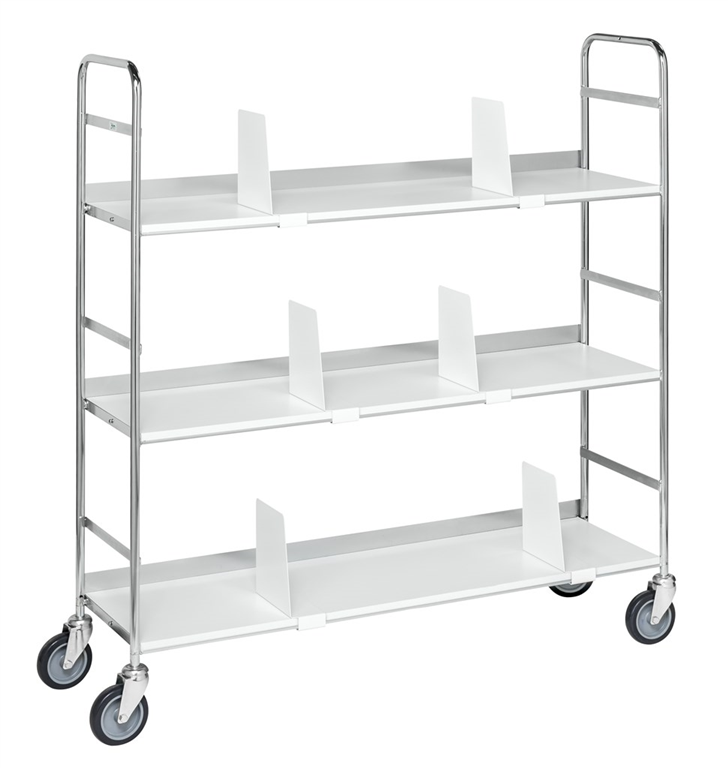 Pärmvagn MAGNI 1000x290x1140mm elförzinkad vit med 3 hyllor och 4 länkhjul för dokumenttransport.