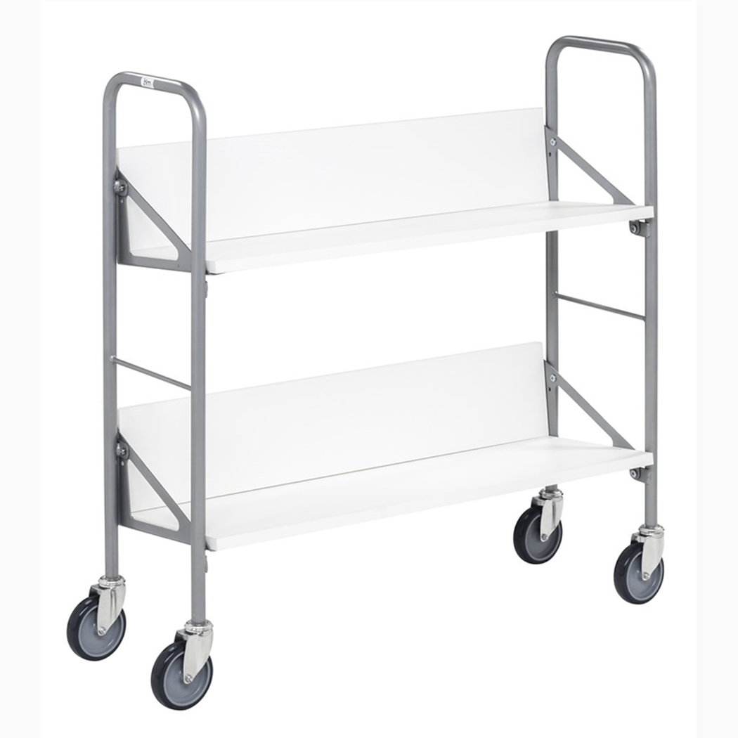 Pärmvagn, 900x300x920mm, 50kg, vit med två snedställda hyllor och hjul för enkel förvaring och rörlighet.