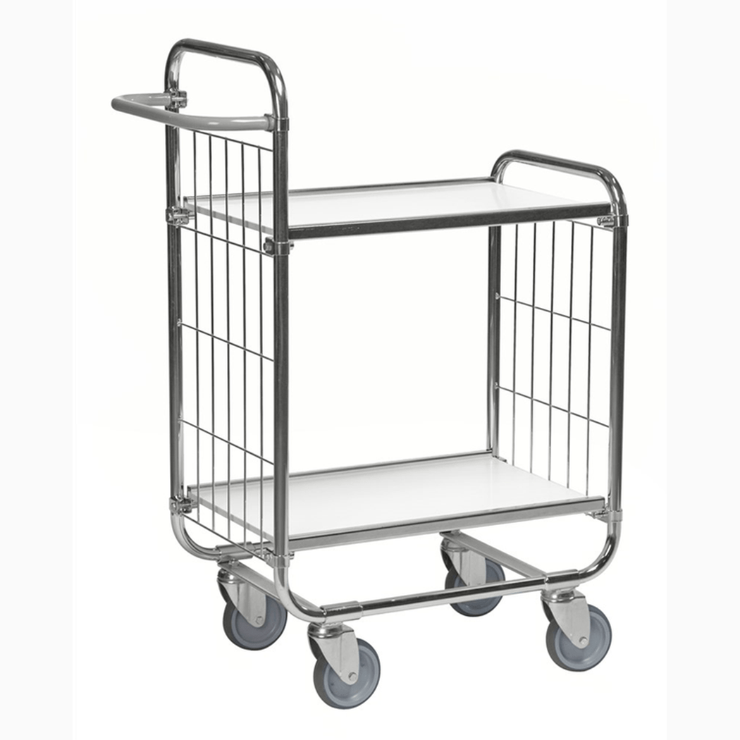 Plockvagn, E-handel, 2 hyllplan, elförzinkad med laminatskivor, justerbart handtag och 4 länkhjul, 250kg.