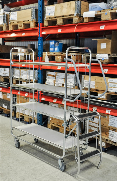 Plockvagn, E-handel, 4 hyllplan, 1395x470x1590mm, 250kg med justerbara hyllplan och länkhjul i lager.