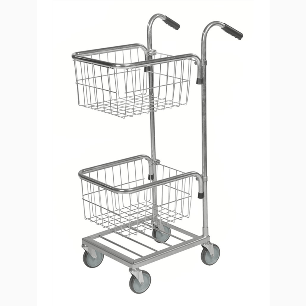Plockvagn mini, 2 trådkorgar, 660x385x1090mm, 35kg kapacitet, justerbara trådkorgar och hjul för enkel förflyttning.