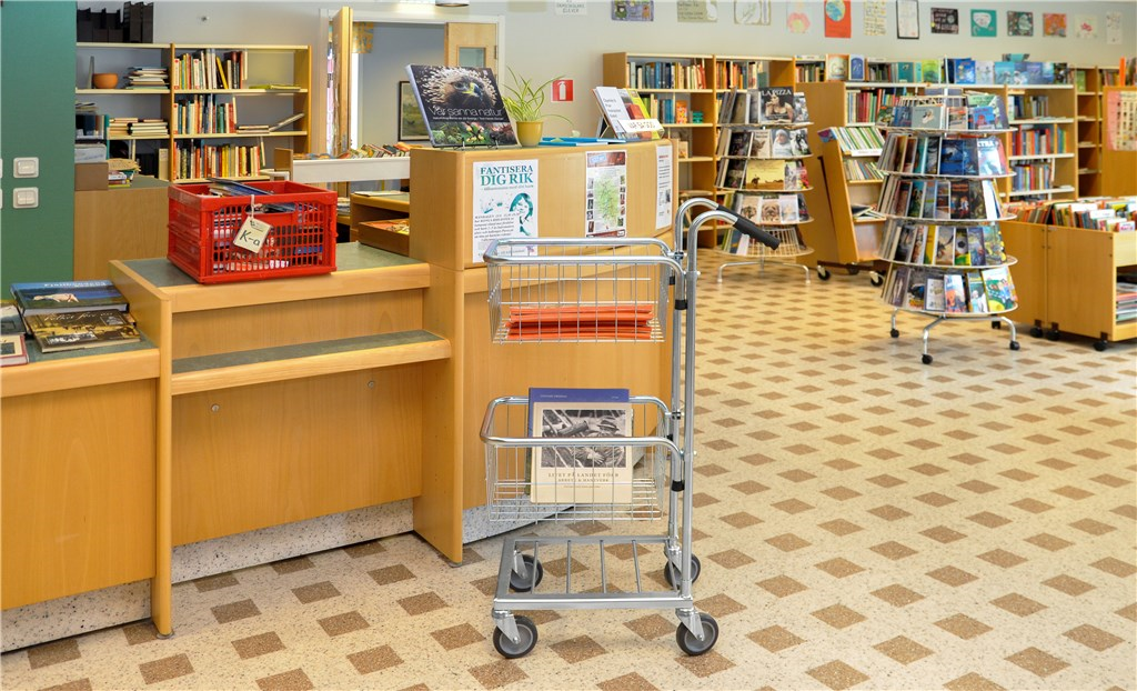 Plockvagn mini, 1 trådkorg, 660x385x1090mm, 35kg i butiksmiljö med hyllor och böcker i bakgrunden.