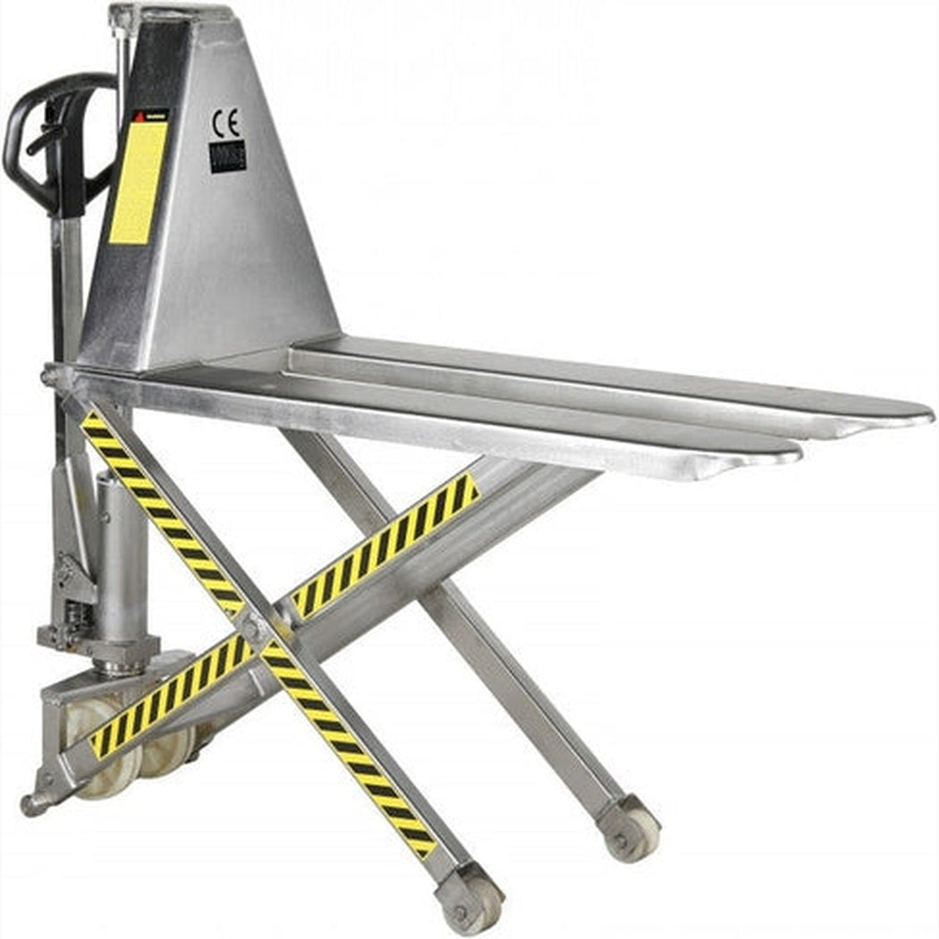 Rostfri Saxlyftvagn, 1000kg, 540x1150mm, singel/nylon för tunga lyft i krävande miljöer industriellt och hygieniskt.