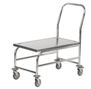 Rostfri platåvagn 850x490x925mm med slätt hyllplan och fyra länkhjul, 100kg kapacitet för effektiv transport.
