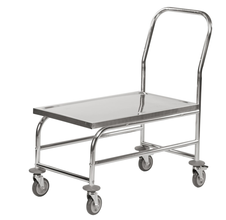 Rostfri platåvagn 850x490x925mm med slätt hyllplan och fyra länkhjul, 100kg kapacitet för effektiv transport.