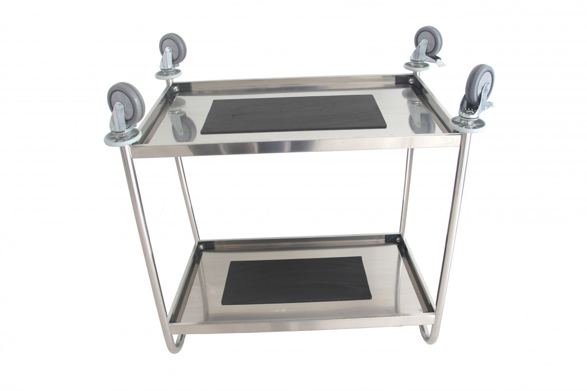 Rostfri plattformsvagn, 2 hyllplan, 845x525x950mm, 50kg/hyllplan med hjul och gummimatta för industribruk.
