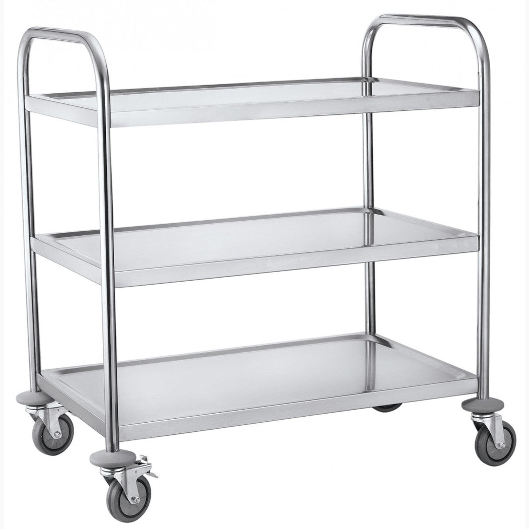Rostfri plattformsvagn, 3 hyllplan, 845x525x950mm med hjul för tung belastning upp till 50 kg per hyllplan.